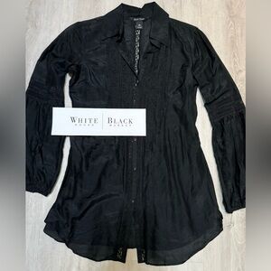 White House Black Market Sheer Long Sleeve Cotton Black Blouse Lace Design - XS